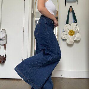 amy lynn rhinestone embellished wide leg jeans in dark wash